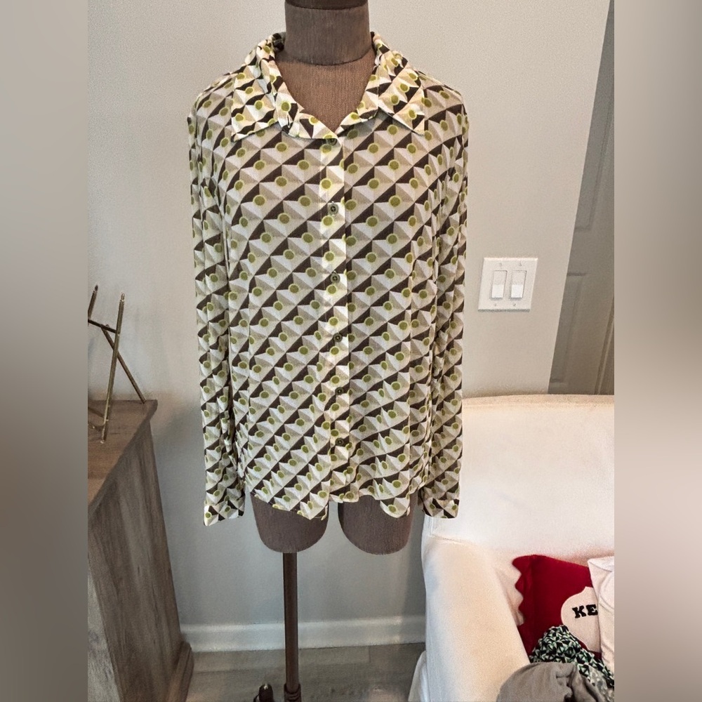 CAbi Geometric Pattern Blouse - Green and Cream